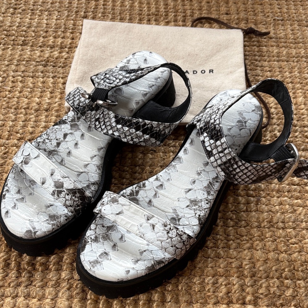 Freda Salvador Black and White Snakeskin Sandals